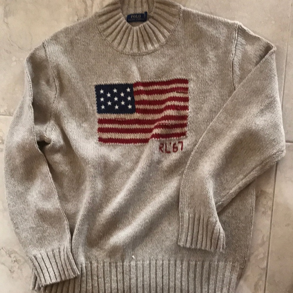 Polo by Ralph Lauren Cream Turtleneck Sweater with American Flag